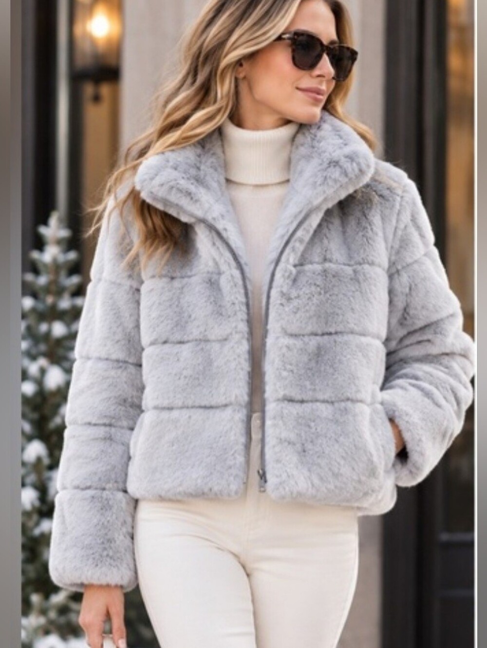 Elie Tahari Gray Faux Fur Jacket Size L